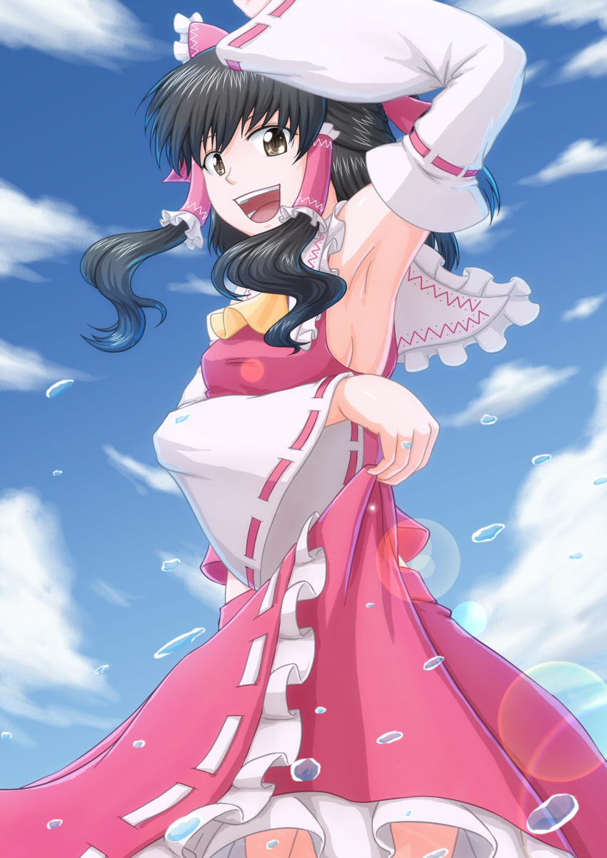 absurdres arm_up armpits ascot black_hair blue_sky bow breasts brown_eyes cloud commentary_request day detached_sleeves female hair_ribbon hair_tubes hairbow hakurei_reimu highres lens_flare medium_breasts midriff nazal open_mouth photoshop_(medium) red_bow ribbon shirt sideboob skirt skirt_hold skirt_set sky smile solo touhou water