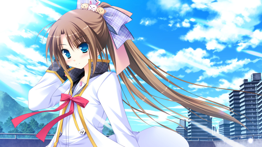 blue_eyes brown_hair diamic_days game_cg himenogawa_kanaka ponytail seifuku sesena_yau sky