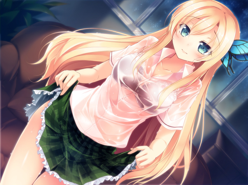 aqua_eyes blonde_hair blue_eyes blush boku_wa_tomodachi_ga_sukunai bra bra_visible_through_clothes butterfly_hair_ornament clothes_lift commentary_request dutch_angle female hair_ornament highres kashiwazaki_sena kazakura lifting_own_clothes lingerie long_hair school_uniform see-through skirt skirt_lift solo st._chronica_academy_school_uniform underwear wet wet_clothes