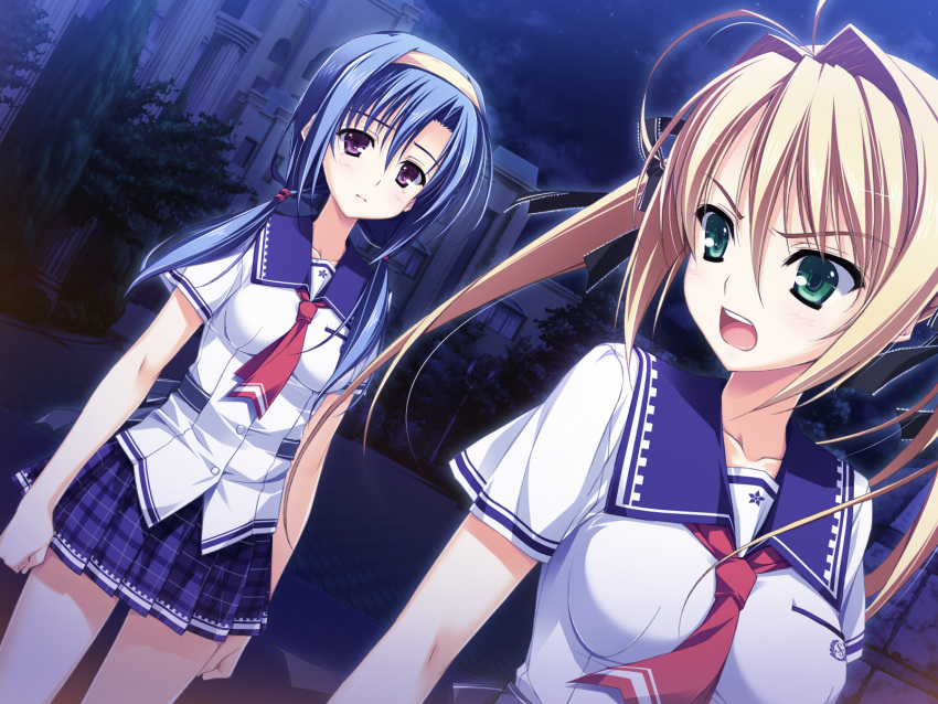 2girls black_ribbon blonde_hair blue_hair blue_skirt game_cg green_eyes hair_ribbon hairband highres kamiyama_reika kourin_no_machi_lavender_no_shoujo long_hair multiple_girls night open_mouth outdoors pleated_skirt purple_eyes ribbon sawamura_akina school_uniform skirt yuuki_hagure