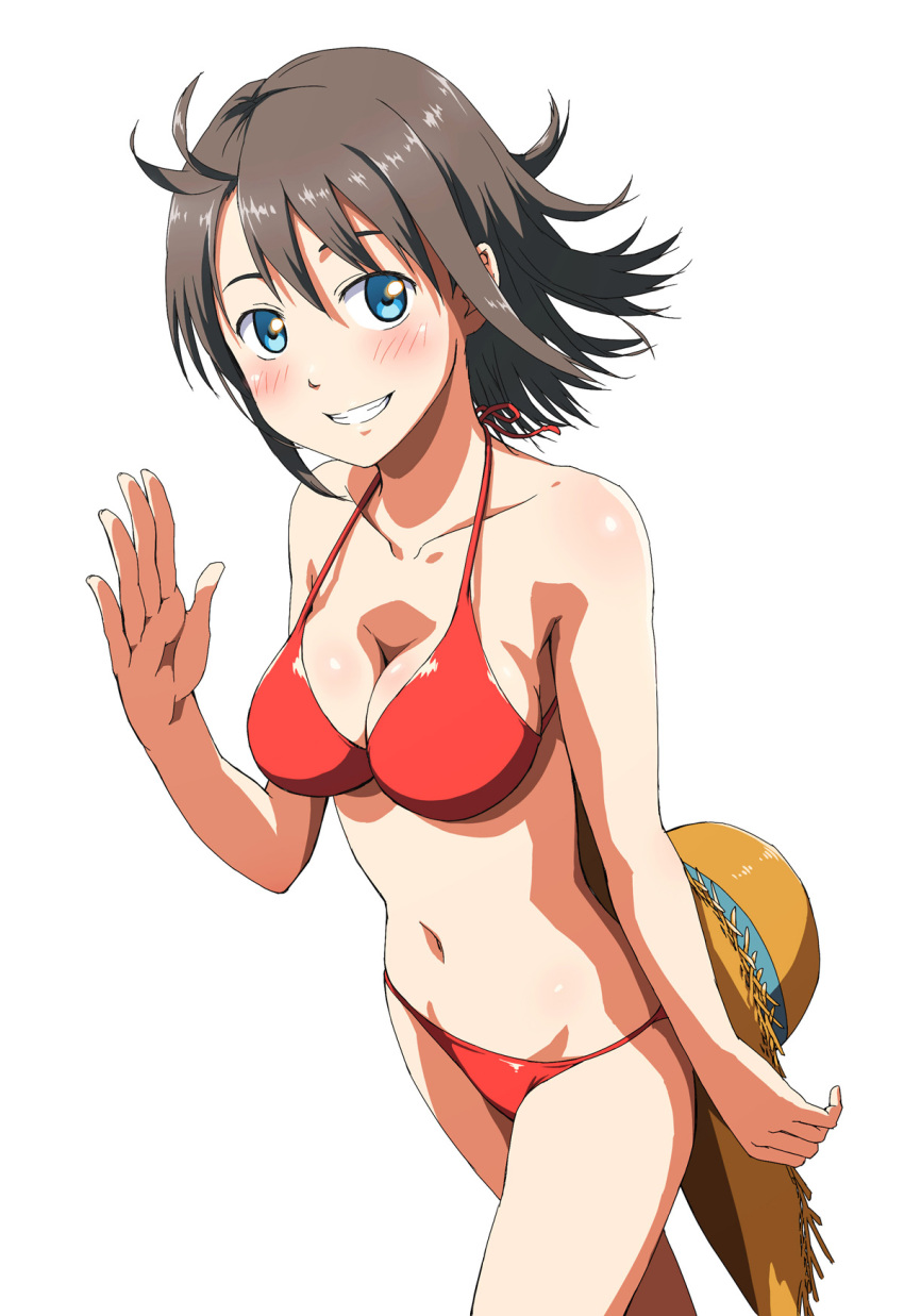 bikini black_hair blue_eyes blush breasts cleavage collarbone female grin hat highres imao_kiiru looking_at_viewer looking_up medium_breasts navel original photoshop_(medium) red_bikini short_hair simple_background smile solo strap_gap straw_hat swimsuit walking waving white_background