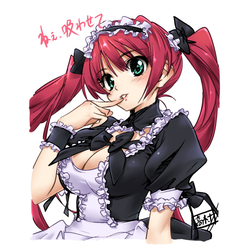 airi_(queen's_blade) airi_(the_infernal_temptress) blush bow breasts cleavage female finger_to_mouth frills green_eyes hairbow highres long_hair maid maid_headdress medium_breasts queen's_blade red_hair smile solo takamura_kazuhiro translated twintails wrist_cuffs