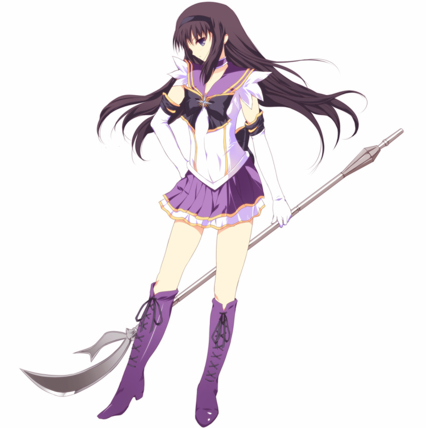 akemi_homura bee_(artist) bishoujo_senshi_sailor_moon black_bow black_hair boots bow brooch choker color_connection commentary_request cosplay elbow_gloves female full_body glaive_(polearm) gloves hairband hand_on_own_hip highres holding holding_polearm holding_weapon jewelry knee_boots layered_skirt long_hair magical_girl mahou_shoujo_madoka_magica mahou_shoujo_madoka_magica_(anime) microskirt photoshop_(medium) pleated_skirt polearm polearm_behind_back purple_eyes purple_footwear purple_sailor_collar purple_skirt purple_theme ribbon sailor_collar sailor_moon_musical sailor_saturn sailor_saturn_(cosplay) sailor_senshi_uniform silence_glaive skirt solo star_brooch weapon white_background white_gloves