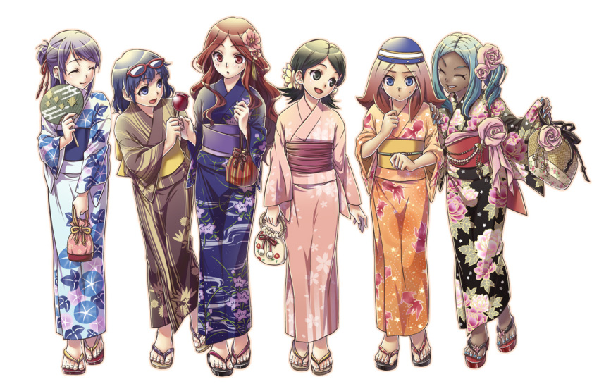 6+girls bad_id bad_pixiv_id blue_eyes blue_hair blush brown_hair closed_eyes commentary_request dark-skinned_female dark_skin egasumi floral_print flower full_body geta glasses green_hair hair_flower hair_ornament hat inazuma_eleven inazuma_eleven_(series) japanese_clothes kimono kino_aki kudou_fuyuka long_hair multiple_girls oto_nagi otonashi_haruna pink_hair purple_hair raimon_natsumi sandals short_hair smile urabe_rika zaizen_touko