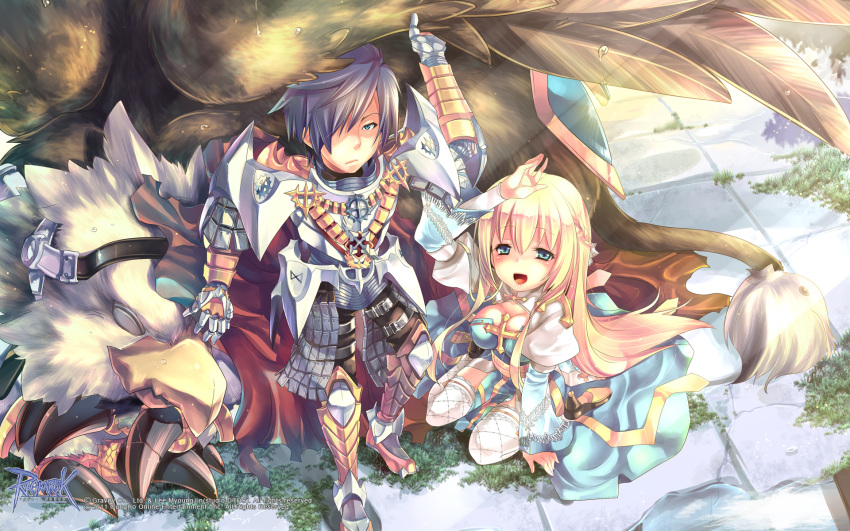 1boy :d arch_bishop_(ragnarok_online) armor black_hair blonde_hair blue_eyes breasts cape cleavage cross female gauntlets greaves hair_over_one_eye highres kneeling long_hair medium_breasts open_mouth pauldrons ragnarok_online royal_guard_(ragnarok_online) shield shoulder_armor sitting smile thighhighs white_legwear yokozuwari