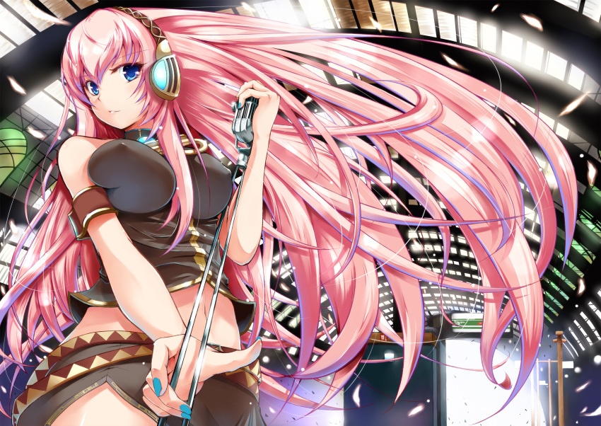 black_skirt blue_eyes breasts covered_nipples female headphones highres impossible_clothes impossible_shirt large_breasts long_hair megurine_luka microphone microphone_stand microskirt nail_polish navel photoshop_(medium) pink_hair revision shirt skirt solo very_long_hair vocaloid yuki_mizore