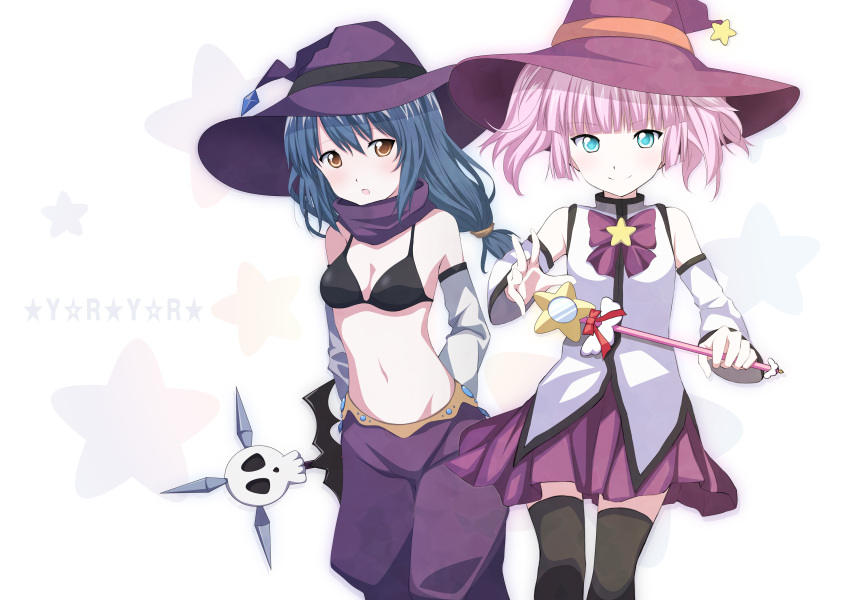 2girls :o arms_behind_back bikini bikini_top_only black_legwear blue_eyes blue_hair blush commentary_request cosplay detached_sleeves furutani_himawari hat highres long_hair looking_at_viewer magical_girl midriff miniskirt mirakurun mirakurun_(cosplay) multiple_girls navel photoshop_(medium) pink_hair purple_skirt rivalun rivalun_(cosplay) scarf shichouson short_hair short_twintails skirt skull star_(symbol) swimsuit thighhighs twintails wand witch_hat yellow_eyes yoshikawa_chinatsu yuru_yuri zettai_ryouiki