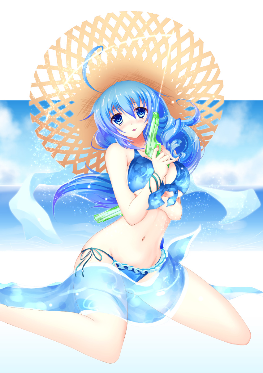 :p ahoge aqua_sarong bare_shoulders bikini blue_eyes blue_hair blush breasts commentary_request cu-no dual_wielding female frilled_bikini frills front-tie_top hat highres hisen_kaede holding kohitsuji_ai large_breasts long_hair navel official_art print_sarong sarong see-through see-through_sarong side-tie_bikini_bottom sitting skindentation solo straw_hat string_bikini swimsuit tongue tongue_out wariza water water_gun