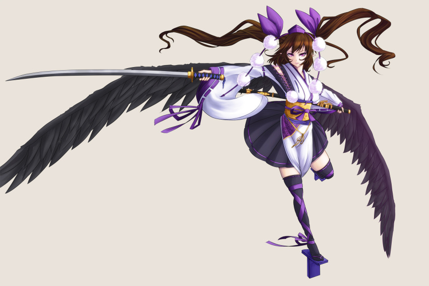 bad_id bad_pixiv_id black_thighhighs black_wings brown_hair commentary_request female floating_hair geta hair_ribbon hat highres himekaidou_hatate japanese_clothes katana kourindou_tengu_costume photoshop_(medium) purple_eyes ribbon solo standing standing_on_one_leg sword tengu-geta thighhighs tokin_hat touhou twintails untue weapon wings