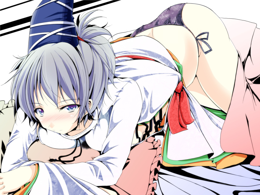 ass black_panties blue_eyes blush commentary_request female grey_hair hat highres japanese_clothes lying mononobe_no_futo no_pants on_stomach panties ponytail reiha_(penetrate) side-tie_panties solo touhou underwear