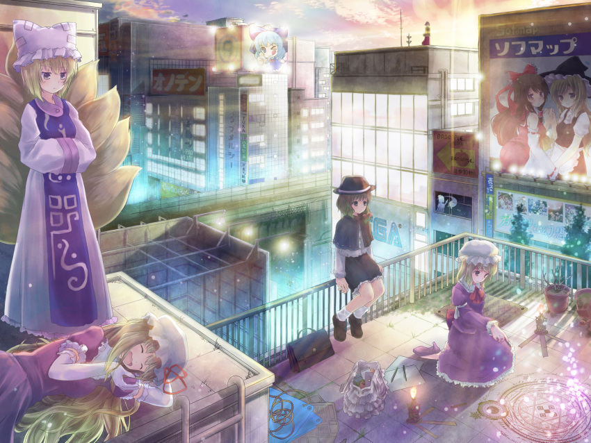 6+girls akihabara_(tokyo) bad_apple!! bag black_capelet black_skirt blonde_hair blue_eyes blue_hair blue_sky blush bow bridge capelet circled_9 cirno city city_lights closed_eyes cloud commentary_request contemporary detached_sleeves dress elbow_gloves flandre_scarlet fox_tail frilled_skirt frills ghost gloves green_hair grey_eyes hair_tubes hairbow hakurei_reimu hands_in_opposite_sleeves hat hieda_no_akyuu highres holding holding_hands holding_pencil ipad izayoi_sakuya japanese_clothes katana kimi_ga_nozomu_eien kimono kirisame_marisa kneeling konpaku_youmu ladder lens_flare lights lily_white long_hair long_skirt lying magic_circle maid maribel_hearn miniskirt multiple_girls multiple_tails niichi_(komorebi-palette) on_side one_eye_closed onoden open_mouth outdoors paper pencil photoshop_(medium) purple_dress purple_eyes purple_hair purple_skirt railroad_tracks real_world_location remilia_scarlet ribbon-trimmed_capelet ribbon_trim rooftop shirt sitting skirt sky skyline smile sofmap sunset sword tabard tablet_pc tail thumbs_up tokyo_(city) tongue tongue_out torii touhou tree usami_renko weapon white_dress window witch_hat yakumo_ran yakumo_yukari yawning