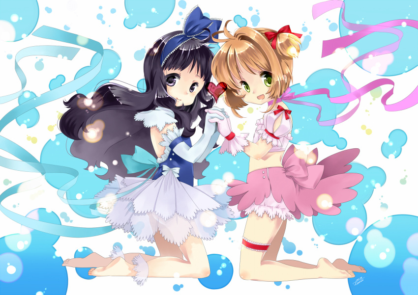 2girls antenna_hair barefoot black_hair brown_hair cardcaptor_sakura choker commentary_request daidouji_tomoyo dress elbow_gloves frills gloves green_eyes hair_ornament hairband highres holding_hands interlocked_fingers kashiwagi_sumika kinomoto_sakura kneeling long_hair multiple_girls pink_choker purple_eyes short_hair twintails