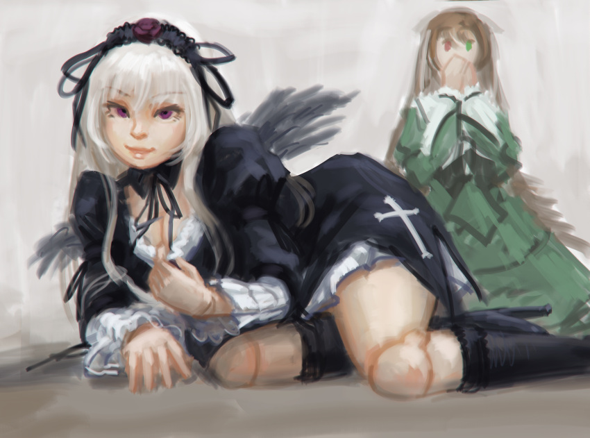 2girls absurdres boots breasts brown_hair cleavage cleavage_reach covering_own_mouth doll_joints doyora frills green_eyes hairband hand_over_own_mouth heterochromia high_heels highres joints lolita_fashion long_hair medium_breasts multiple_girls photoshop_(medium) red_eyes rozen_maiden shoes suigintou suiseiseki white_hair wings