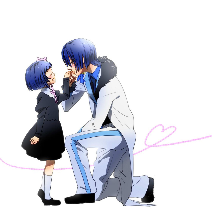 1boy blue_hair blush bob_cut brother_and_sister closed_eyes commentary_request female fukuro_kouji heart hijirikawa_mai hijirikawa_masato kissing kissing_hand photoshop_(medium) ribbon siblings smile uta_no_prince-sama