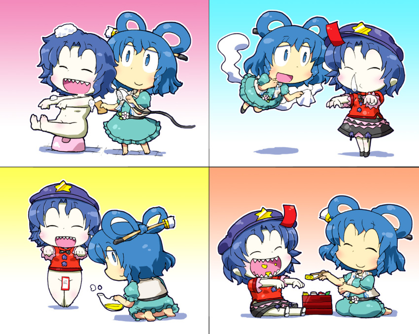 2girls :d barefoot bathing beret black_skirt blue_eyes blue_hair blush brush censored chibi chopsticks closed_eyes commentary_request convenient_censoring dress eating feeding floating flower foam food gomi_ichigo gradient_background hair_ornament hair_rings hair_stick happy hat hat_ornament jiangshi kaku_seiga looking_at_viewer looking_back lunchbox medium_skirt miyako_yoshika multiple_girls navel no_pants nude ofuda open_mouth outstretched_arms pale_skin photoshop_(medium) seiza sharp_teeth shiny short_hair shower_head simple_background sitting skirt smile snot star_(symbol) star_hat_ornament teeth tissue touhou urinal_bottle zombie_pose