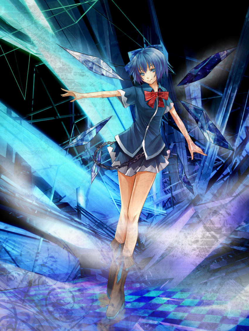 absurdres adapted_costume bad_id bad_nicoseiga_id bare_legs blue_bow blue_hair boots bow chains cirno female hairbow highres ice reio_reio short_hair smile solo teenage touhou wings