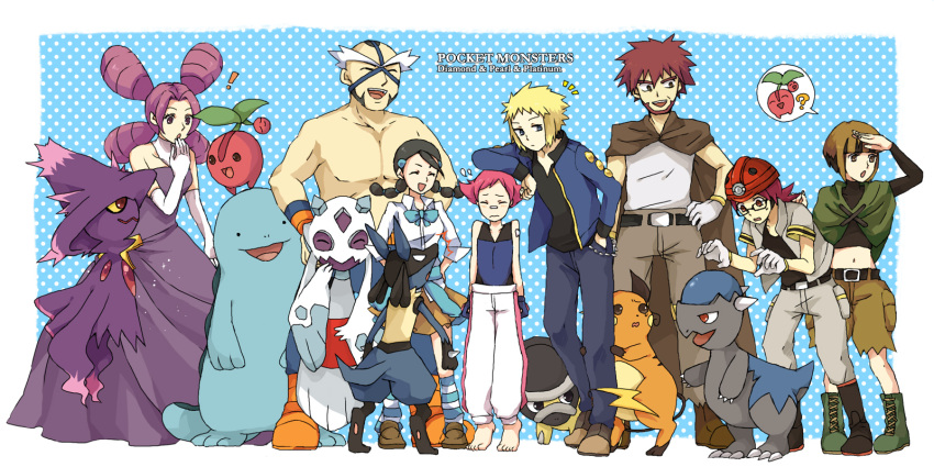 ! 4boys 4girls ? aloe28 bad_id bad_pixiv_id barefoot blush byron_(pokemon) candice_(pokemon) capelet cherubi copyright_name cranidos crasher_wake dress embarrassed english_text fantina_(pokemon) flying_sweatdrops froslass gardenia_(pokemon) glasses gloves green_capelet helmet highres laughing lucario mask maylene_(pokemon) midriff mismagius multiple_boys multiple_girls pokemon pokemon_(creature) pokemon_dppt purple_dress quagsire raichu roark_(pokemon) shieldon speech_bubble spoken_character volkner_(pokemon)