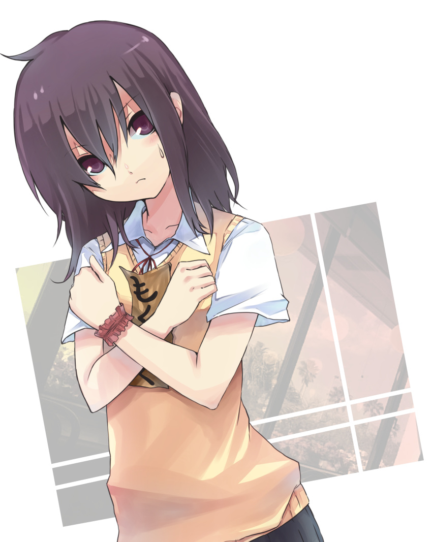 absurdres commentary female frown highres horosuke jimiko looking_at_viewer medium_hair original purple_eyes purple_hair scrunchie short_sleeves solo sweatdrop sweater_vest wrist_scrunchie