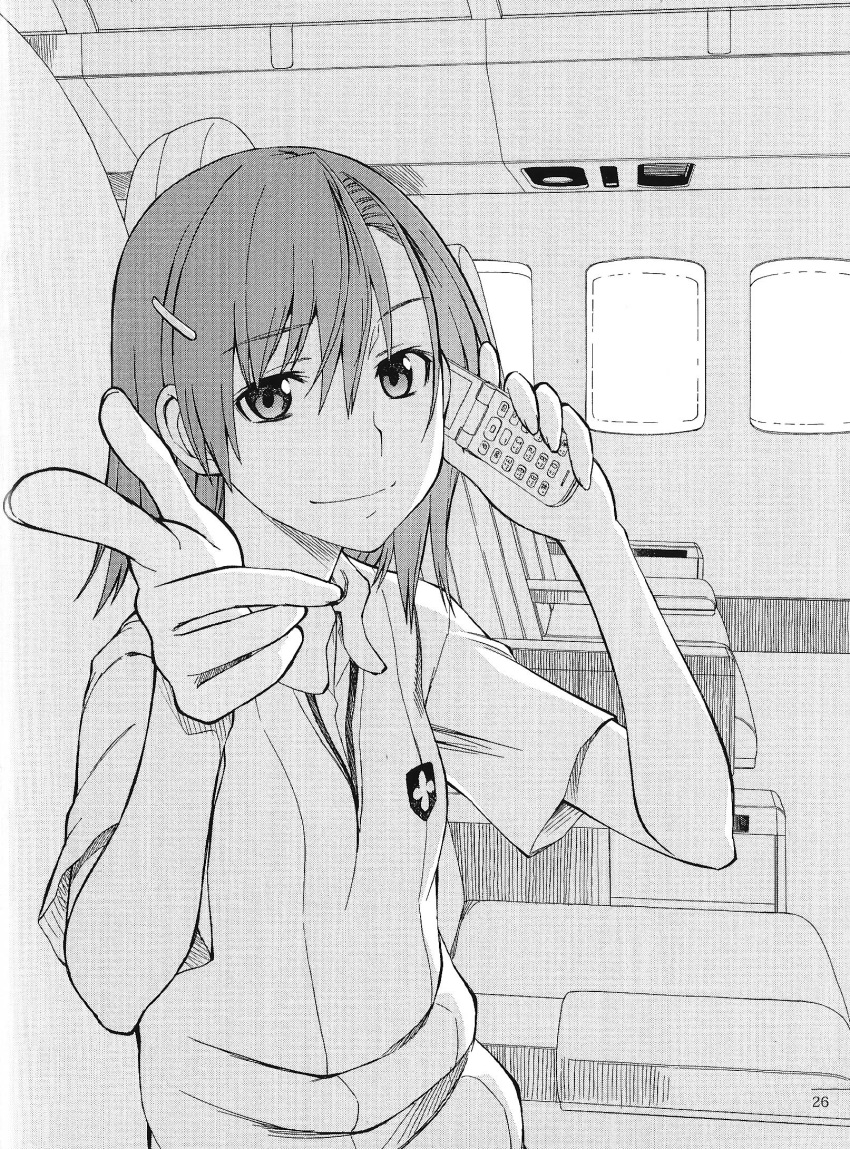 cellphone female flip_phone fuyukawa_motoi greyscale hair_ornament hairpin highres misaka_mikoto monochrome official_art phone photoshop_(medium) school_uniform solo toaru_kagaku_no_railgun toaru_majutsu_no_index tokiwadai_school_uniform uniform