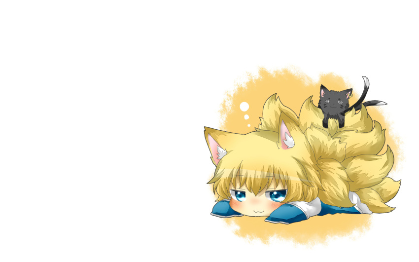 :3 animal_ears blonde_hair blue_eyes blush chen chibi foxgirl rebecca_(naononakukoroni) tail touhou yakumo_ran