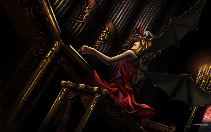 alternate_costume bare_shoulders barefoot bat_wings blonde_hair candelabra candle candlestand chinese_commentary choker commentary_request dress female flandre_scarlet from_behind hair_ribbon hat hat_ribbon highres indoors instrument looking_back maisaki moon oerba_yun_fang open_mouth organ_(instrument) photoshop_(medium) pipe_organ red_eyes red_moon ribbon short_hair sitting skirt skirt_set solo stool touhou window wings