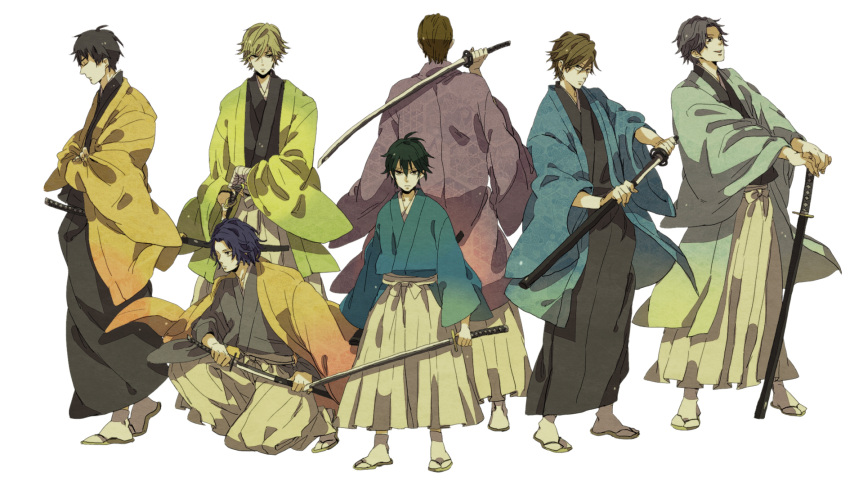 6+boys alternate_costume atobe_keigo black_hair blonde_hair brown_hair commentary_request echizen_nanjirou echizen_ryooma hageee haori highres japanese_clothes katana male_focus multiple_boys shiraishi_kuranosuke simple_background sword tennis_no_ouji-sama tezuka_kunimitsu weapon yanagi_renji yukimura_seiichi