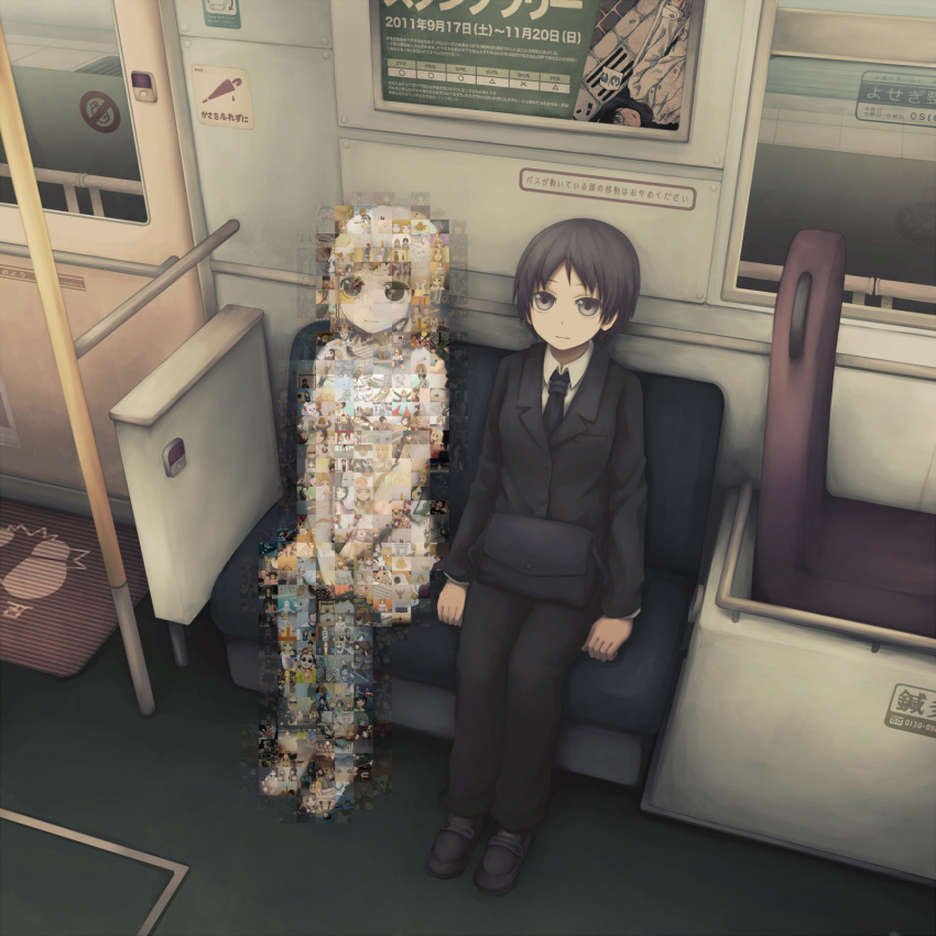 2girls collage commentary highres looking_up mosaic_art multiple_girls original photomosaic reverse_trap short_hair sitting surreal train_interior yajirushi_(chanoma)