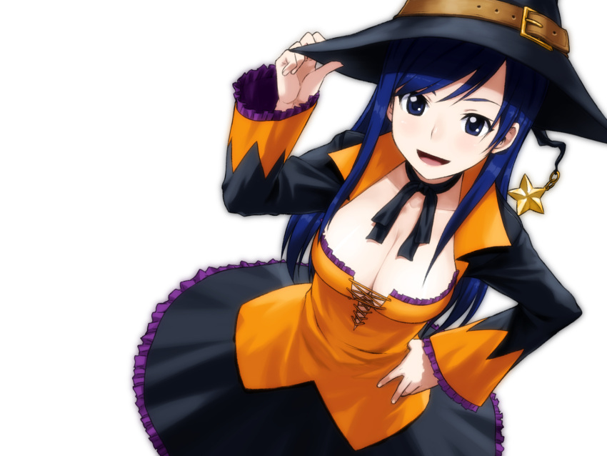 blue_eyes blue_hair breasts cleavage commentary_request dream_c_club dream_c_club_(series) dream_c_club_zero female halloween hand_on_headwear hand_on_own_hip hands hat highres large_breasts no_bra open_mouth photoshop_(medium) reika_(dream_c_club) simple_background smile solo tachibana_roku witch_hat