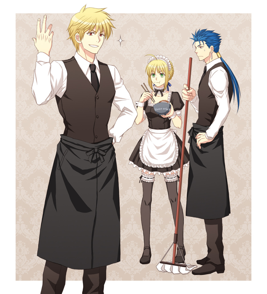 2boys :t ahoge apron artoria_pendragon_(fate) black_thighhighs blonde_hair blue_hair bowl carnival_phantasm chopsticks commentary_request cu_chulainn_(fate) cu_chulainn_(fate/stay_night) dress earrings eating fate/stay_night fate_(series) female food formal gilgamesh_(fate) green_eyes hair_ribbon highres hitomi_aki jewelry long_hair maid maid_headdress md5_mismatch multiple_boys necktie official_alternate_costume photoshop_(medium) ponytail red_eyes ribbon ribbon-trimmed_thighhighs ribbon_trim saber_(fate) short_hair smile suit sweat thighhighs waiter