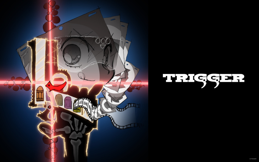 :q bone bullet female film_cartridge film_strip gun handgun hands highres imaishi_hiroyuki light_rays logo official_art official_wallpaper promotional_art safety_glasses tongue tongue_out trigger-chan trigger_(company) triggertop visor weapon x-ray