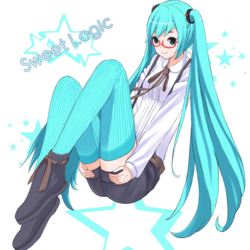 akiru aqua_hair bespectacled blue_eyes commentary_request female glasses hatsune_miku highres long_hair photoshop_(medium) shoes shorts smile solo striped_clothes striped_thighhighs thighhighs twintails very_long_hair vocaloid