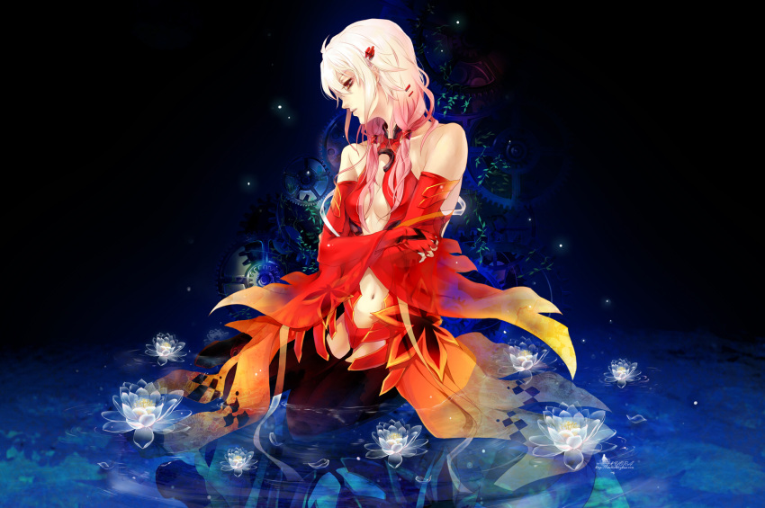 center_opening commentary_request detached_sleeves female fingerless_gloves flower gears gloves gradient_hair guilty_crown hair_ornament hairclip highres long_hair lotus multicolored_hair navel photoshop_(medium) pink_hair reflection sitting solo stells thighhighs water wet wet_clothes white_hair yellow_eyes yokozuwari yuzuriha_inori