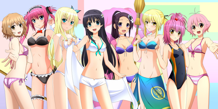 6+girls airi_(queen's_blade) airi_(the_infernal_temptress) annotated aqua_bikini aqua_eyes aqua_sarong bandeau bikini black_bikini blonde_hair blush boku_wa_tomodachi_ga_sukunai breasts bridal_garter brown_hair butt_crack butterfly_hair_ornament cleavage clothes_writing commentary_request competition_swimsuit crossover detached_collar elysia_de_lute_ima frilled_bikini frills front-tie_top hair_ornament hairband hanasaku_iroha harukaze_asuna highres hinamori_amu itou_kanae kami_nomi_zo_shiru_sekai kashiwazaki_sena kenken long_hair maid maid_bikini maid_headdress matsumae_ohana multiple_crossover multiple_girls navel one-piece_swimsuit open_mouth outstretched_hand polka_dot polka_dot_bikini polka_dot_swimsuit ponytail print_sarong purple_eyes queen's_blade sangoku_musou_1 sarong saten_ruiko shin_sangoku_musou shin_sangoku_musou_6 short_hair shorts shugo_chara! side-tie_bikini_bottom skull_hair_ornament small_breasts softenni striped_bikini striped_clothes swimsuit toaru_kagaku_no_railgun toaru_majutsu_no_index twintails unconventional_maid underboob untied unworn_sarong voice_actor_connection wang_yuanji white_bikini white_sarong