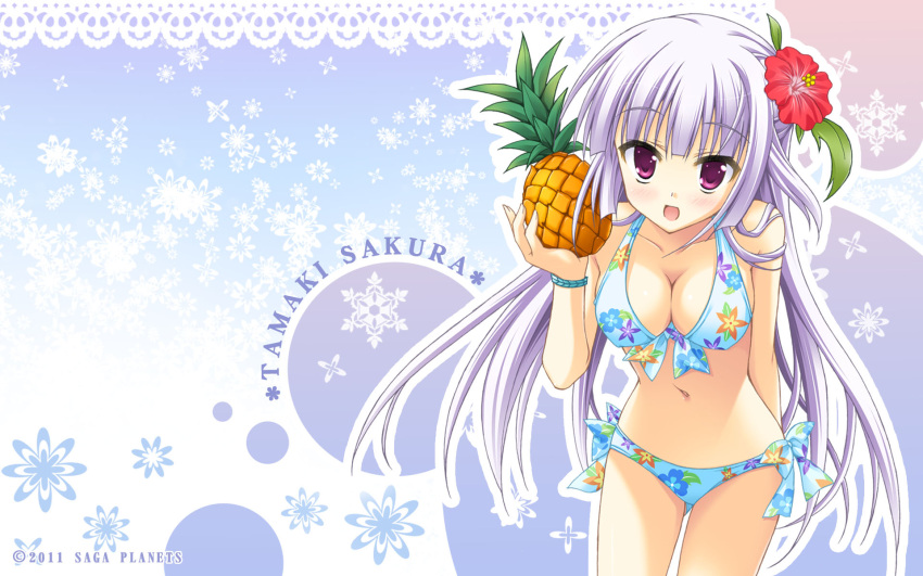 bikini cleavage fruit hatsuyuki_sakura hontani_kanae long_hair purple_eyes swimsuit tamaki_sakura white_hair