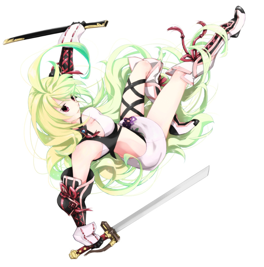 ahoge blonde_hair boots commentary_request female gloves gradient_hair green_hair highres kmikan knee_boots long_hair midriff milla_maxwell multicolored_hair skirt solo strapless sword tales_of_(series) tales_of_xillia tube_top very_long_hair weapon