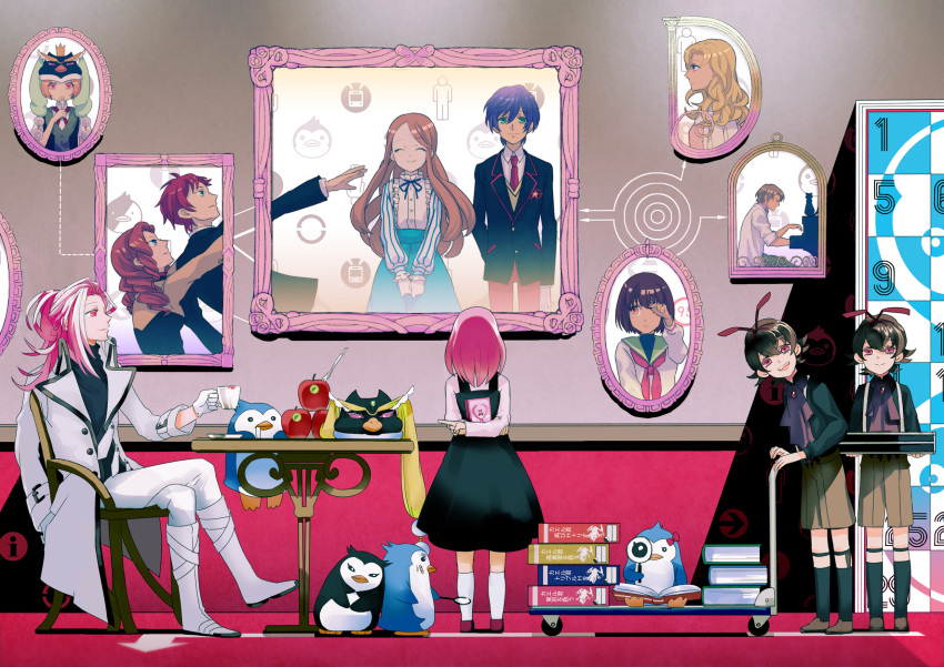 2boys animal_hat apple bird black_hair blazer blonde_hair blue_hair brown_eyes brown_hair commentary_request curly_hair diary esmeralda_(mawaru_penguindrum) female food fruit green_eyes hat highres jacket koukou64 long_hair magnifying_glass mawaru_penguindrum multiple_boys natsume_mario natsume_masako necktie oginome_momoka oginome_ringo penguin penguin_1-gou penguin_2-gou penguin_3-gou pink_eyes pink_hair pointing princess_of_the_crystal purple_eyes red_eyes red_hair school_uniform shirase_(mawaru_penguindrum) short_hair skirt souya_(mawaru_penguindrum) tabuki_keiju takakura_himari takakura_kanba takakura_shouma tokikago_yuri watase_sanetoshi