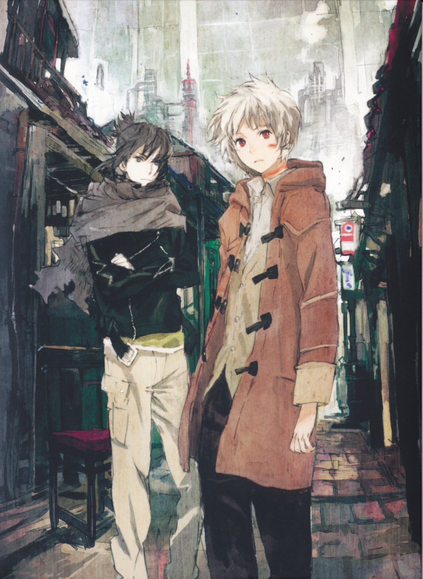 2boys absurdres albino building city coat crossed_arms facial_mark grey_eyes highres jacket male male_focus multiple_boys nezumi_(no.6) no.6 official_art red_eyes road scarf shion_(no.6) shirt short_hair short_ponytail sion_(no.6) street toi8 white_hair