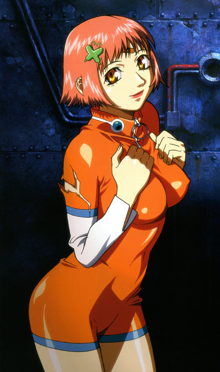 bandaid bandaid_on_face bob_cut bodysuit breast_suppress breasts butterfly_hair_ornament covered_nipples cowboy_shot female from_side hair_ornament hairclip highres latex light_smile lips lipstick looking_at_viewer makeup medium_breasts mezzo_danger_service_agency mezzo_forte official_art orange_bodysuit orange_hair scan shiny_clothes shiny_skin short_hair skin_tight solo suzuki_mikura torn_clothes torn_unitard turtleneck umetsu_yasuomi unitard yellow_eyes zipper