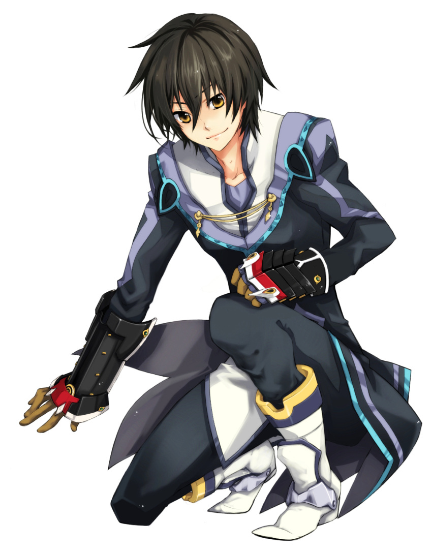 1boy black_hair brown_eyes commentary_request gauntlets highres jude_mathis kmikan male_focus solo squatting tales_of_(series) tales_of_xillia white_background