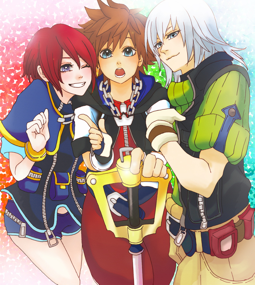 2boys bad_id bad_pixiv_id blue_eyes brown_hair cosplay disney donald_duck donald_duck_(cosplay) female fingerless_gloves gloves goofy goofy_(cosplay) grey_hair highres jewelry kairi_(kingdom_hearts) keyblade kingdom_hearts kingdom_hearts_i kingdom_key long_hair multiple_boys na_(n7ao) necklace one_eye_closed purple_eyes red_hair riku_(kingdom_hearts) short_hair sora_(kingdom_hearts) wristband