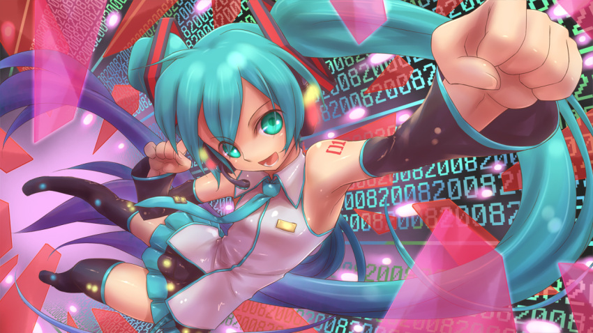 aqua_eyes aqua_hair commentary_request detached_sleeves female foreshortening hatsune_miku headset long_hair necktie open_mouth photoshop_(medium) skirt solo thighhighs tsukigami_chronica twintails very_long_hair vocaloid