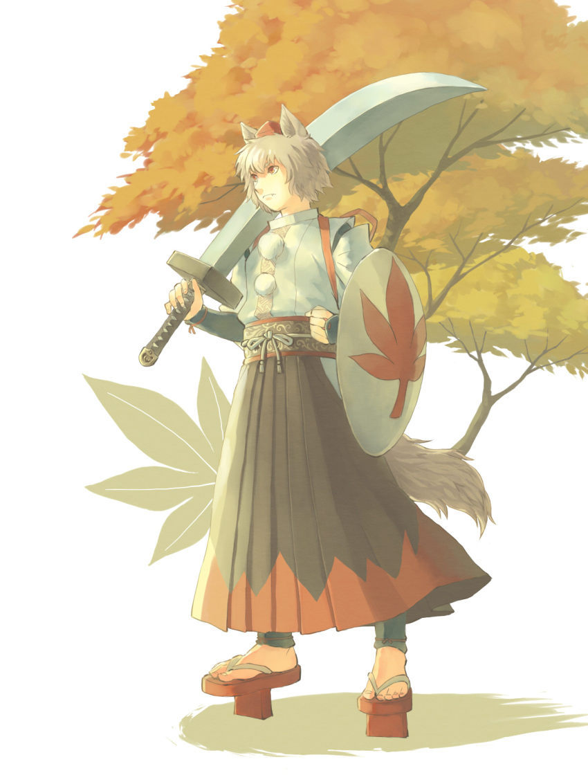 1boy animal_ears bad_id bad_pixiv_id bridal_gauntlets detached_sleeves genderswap_(ftm) geta hat highres inubashiri_momiji leaf male_focus maple_leaf oerba_yun_fang om_(carbohydratism) rule_63 shield solo sword tail tokin_hat touhou tree weapon wolf_ears wolf_tail