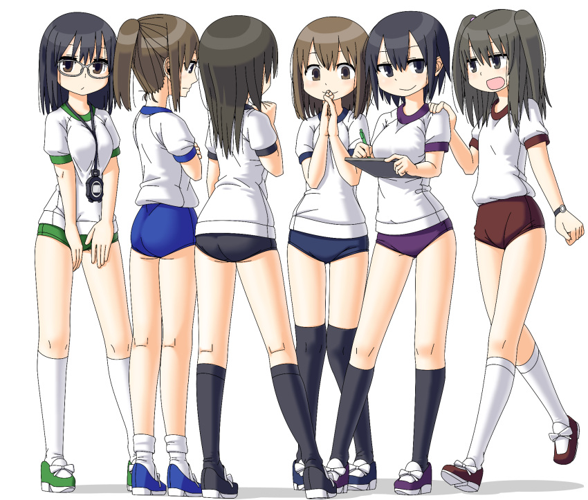 6+girls black_eyes black_hair black_legwear brown_eyes brown_hair buruma commentary_request glasses gym_uniform highres kneehighs maruput multiple_girls open_mouth original over-kneehighs own_hands_together ponytail smile socks stopwatch thighhighs watch white_legwear