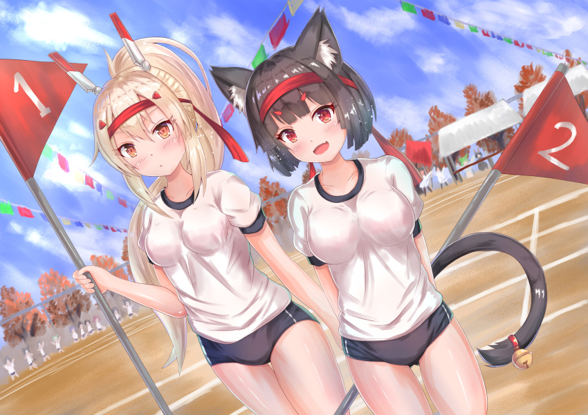 2girls alternate_costume animal_ear_fluff animal_ears ayanami_(azur_lane) azur_lane bell black_hair blonde_hair blue_sky breasts buruma cat_ears cat_tail cloud cocoasabure dutch_angle gym_uniform hair_between_eyes hairband headgear highres medium_breasts mismatched_eyebrows multiple_girls open_mouth outdoors ponytail red_eyes red_hairband shirt short_hair short_sleeves sky tail tail_bell tail_ornament thighhighs white_shirt yamashiro_(azur_lane)