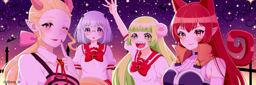 4girls azazel_ameri babyls_school_uniform bad_id bad_pixiv_id character_request choker commentary_request crocell_keroli demon_girl green_eyes green_hair hair_horns hair_ribbon horns mairimashita!_iruma-kun multiple_girls nail_polish pointy_ears red_eyes ribbon school_uniform sharp_teeth sleeveless teeth tibi09 valac_clara x_elisabetta x_elizabetta