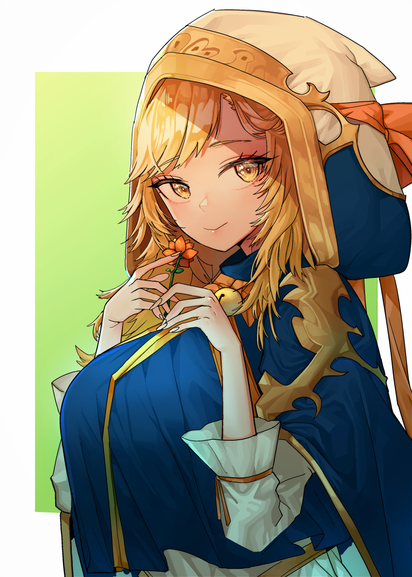 absurdres bell blonde_hair blue_cape cape dress female flower flower_girl_bari guardian_tales highres holding holding_flower korean_commentary long_hair looking_at_viewer manjin512 orange_flower simple_background smile upper_body white_dress yellow_eyes