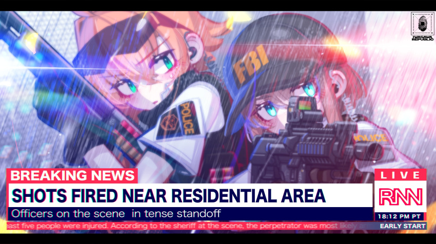 2girls absurdres aiming aqua_eyes assault_rifle baseball_cap black_headwear brand_name_imitation chromatic_aberration cnn english_commentary english_text fake_screenshot fbi glowing glowing_eyes gun hair_behind_ear hat headset highres holding holding_gun holding_weapon iwasawayuki lens_flare logo_parody multiple_girls news orange_hair original police rain rifle shotgun weapon