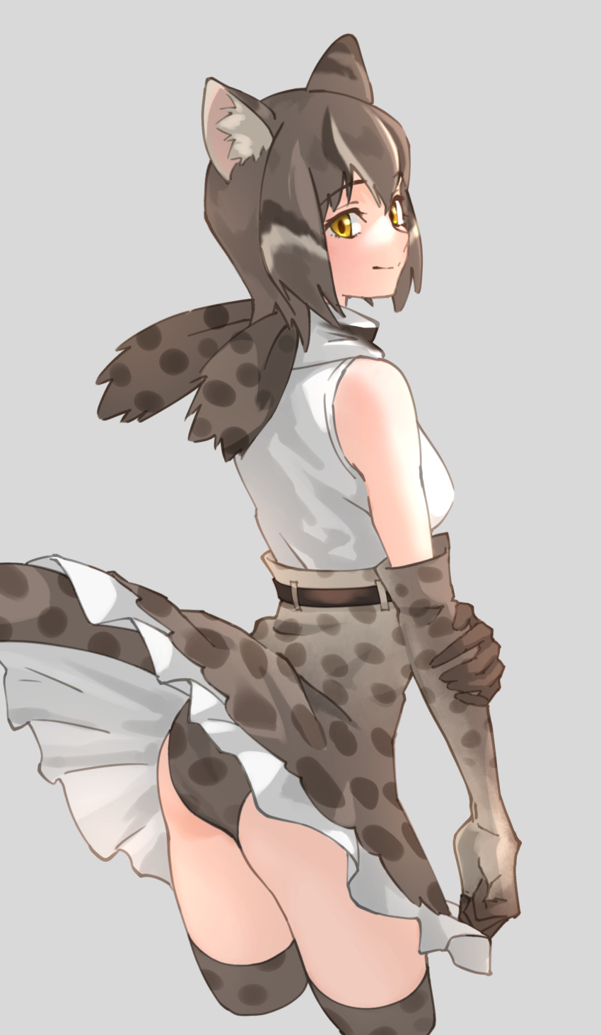 absurdres animal_ear_fluff animal_ears animal_print ass bare_shoulders breasts brown_hair cat_ears cat_girl cat_tail clothes_lift commentary cropped_legs elbow_gloves female from_behind gloves grey_background hair_between_eyes highres iriomote_cat_(kemono_friends) kemono_friends lifted_by_tail looking_back medium_breasts multicolored_hair panties print_gloves print_panties print_skirt print_thighhighs shirt short_hair simple_background skirt skirt_lift sleeveless sleeveless_shirt smile solo streaked_hair tail tanabe_(fueisei) thighhighs underwear white_hair white_shirt yellow_eyes