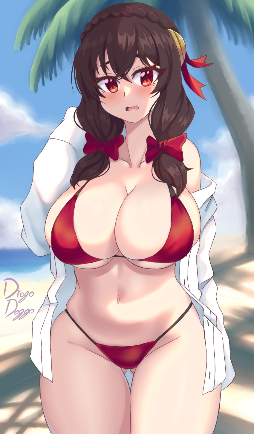 absurdres alternate_costume ass_visible_through_thighs beach bikini blush breasts brown_hair drogo_doggo female hair_ribbon highres kono_subarashii_sekai_ni_shukufuku_wo! large_breasts navel outdoors palm_tree red_eyes ribbon shirt sideboob solo stomach swimsuit thick_thighs thigh_gap thighs tree underboob white_shirt yunyun_(konosuba)