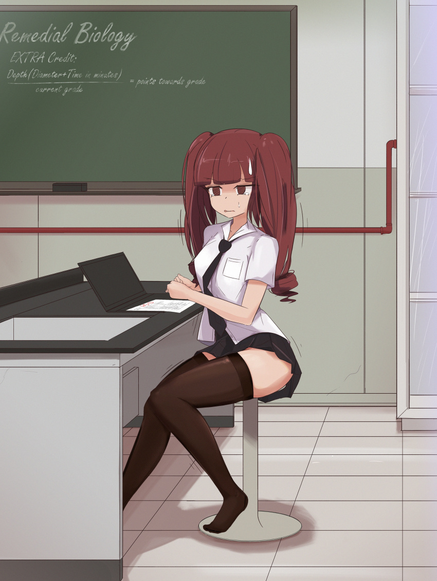 absurdres archived_source arms_on_table black_necktie black_skirt black_thighhighs blunt_bangs board_eraser breasts chalkboard computer desk english_text female hanazono_yurine highres indoors jashin-chan_dropkick laptop long_hair math medium_breasts minos_drawfag necktie no_shoes pleated_skirt red_eyes red_hair shirt short_sleeves sitting skindentation skirt solo sweatdrop tears test_score thighhighs trembling twintails white_shirt